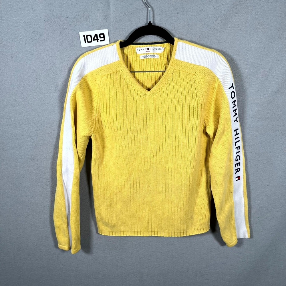 Tommy Hilfiger Jeans Sweater Women XS Yellow Ribbed Knit‎ V Neck Raglan Sleeve
